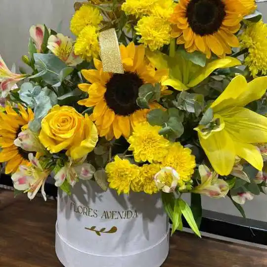 Caja pote con flores de estacion y rosas amarillas 